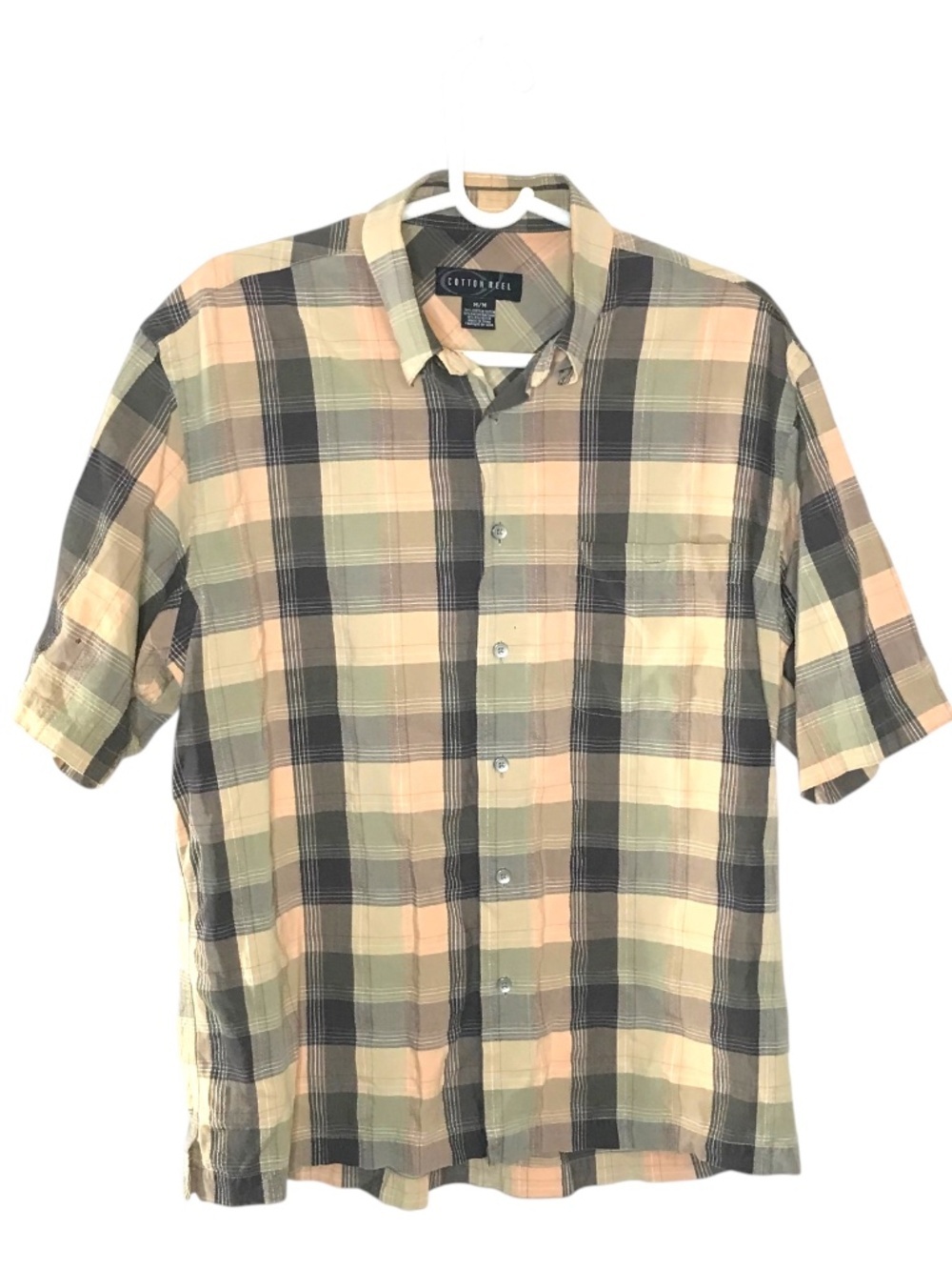 Cotton Reel 100% Cotton Plaid Button Up Shirt Sage Green Tan Men's Medium